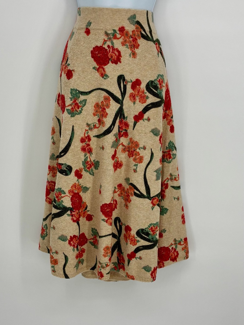 LC Lauren Conrad Floral Bow Knit Midi Sweater Skirt Cream Red Orange Size M